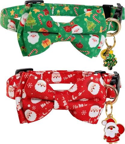 Christmas Cat Collar with Cute Bow Tie Bell 2Pack Red Green Santa Claus by PREHAI