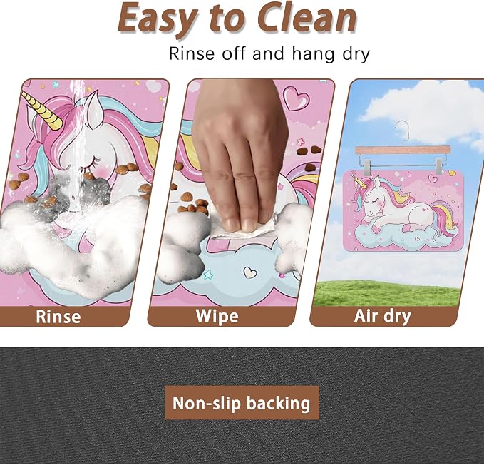 Cute Unicorn Dog Food Mat for Floors, Cloudy Pink Stars Absorbent Pet Food and - Image 4