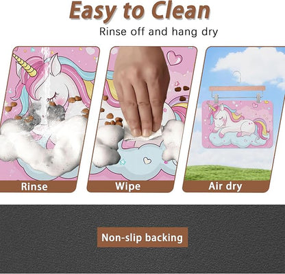 Cute Unicorn Dog Food Mat for Floors, Cloudy Pink Stars Absorbent Pet Food and - Image 4