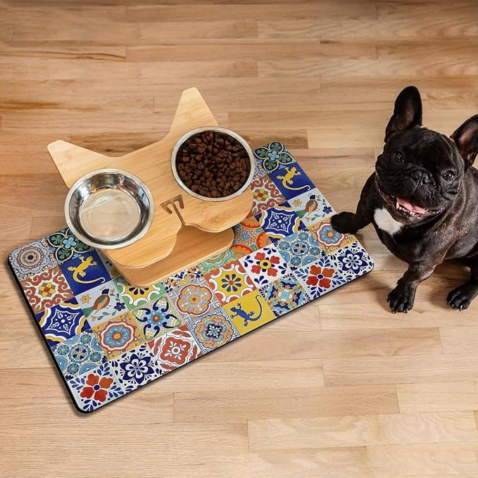 Moroccan Trellis Dog Food & Water Mat, Mexican Talavera Boho Colorful Pet - Image 3