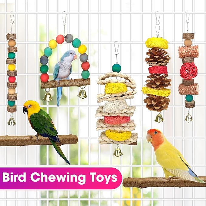 JOREWOOD 7 Pcs Natural Wood Bird Toy & Perch - Image 3