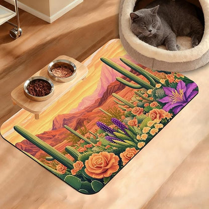 Pet Feeding Mat, Cactus Absorbent Dog Cat Food Mat Desert Dog Mat by Unknown