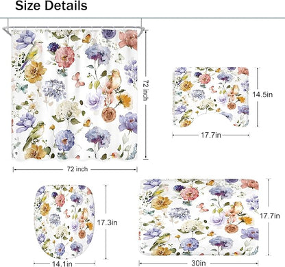 4 PCS Purple Floral Birds Bathroom Set - Image 4