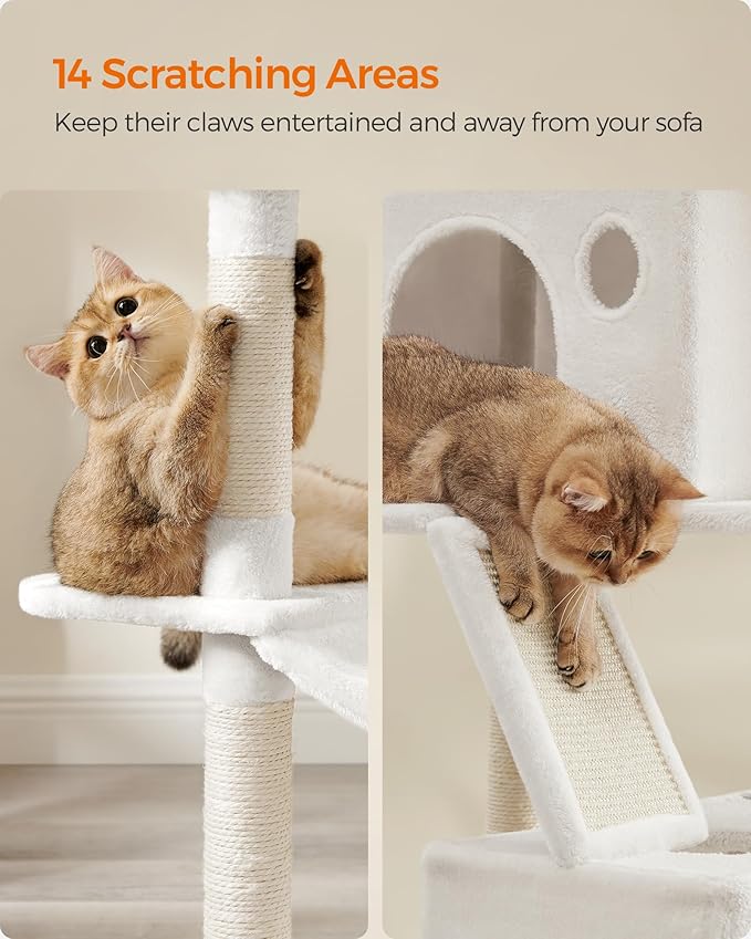 Feandrea Cat Tree, 81.1-Inch Large Cat Tower, 2 Perches, 2 Caves, Cream White - Image 6