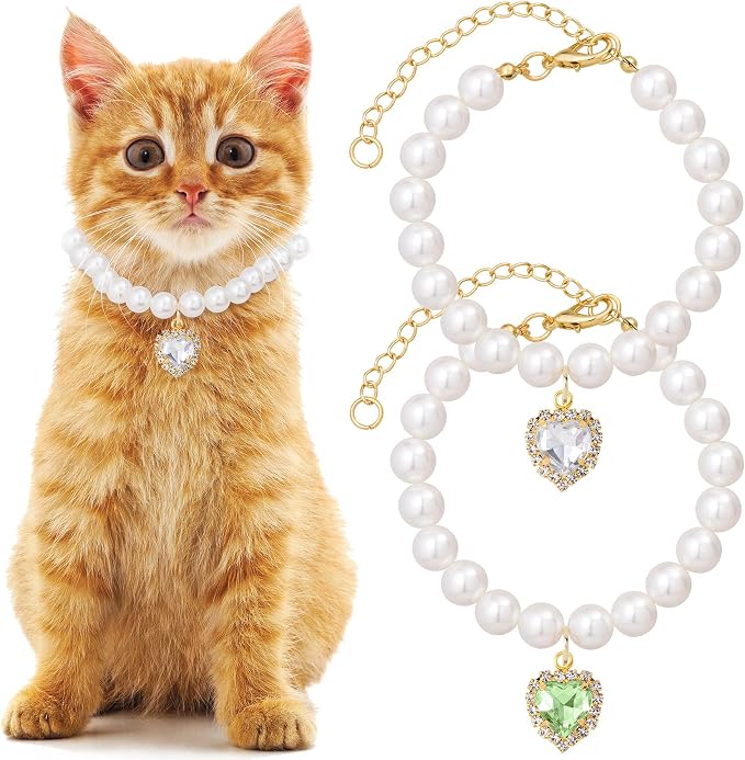 2pcs Cat Pearl Collar with Heart Pendant, Cute Pearl Pet Necklace in Small by Unknown