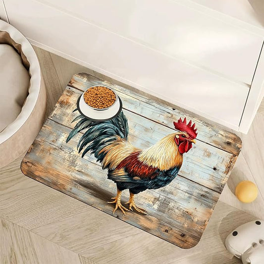 Rooster Dog Food Mat for Floors, Vintage Wood Panel Absorbent Quick-Dry Pet by Unknown