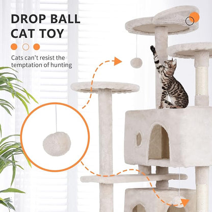 BestPet | 70" Cat Tree Tower | Beige | Sturdy, Hanging Cat Toys, Observation - Image 3
