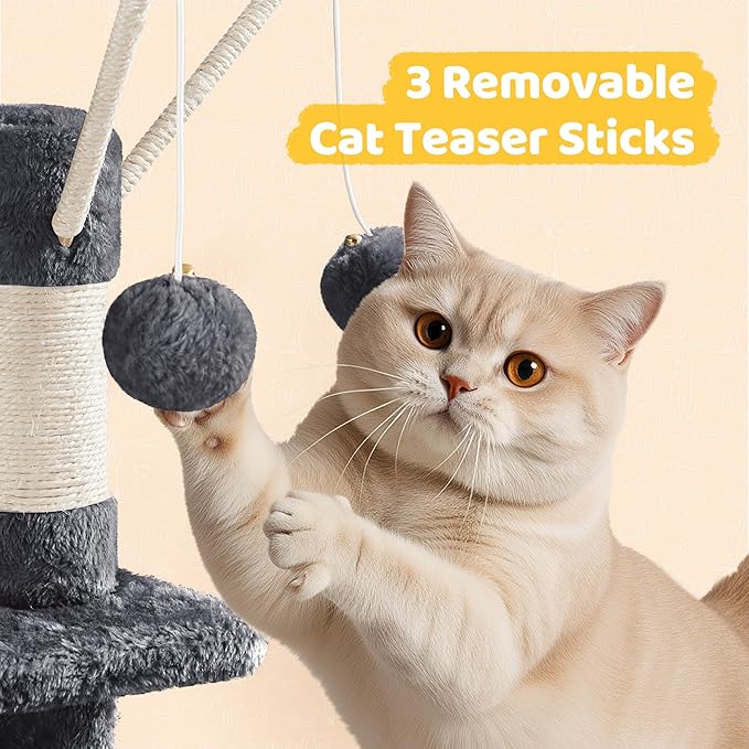 Yaheetech Cat Tree, 67in Large Tower w/ 3 Removable Teaser Sticks, 2 Kitten-Ear - Image 4