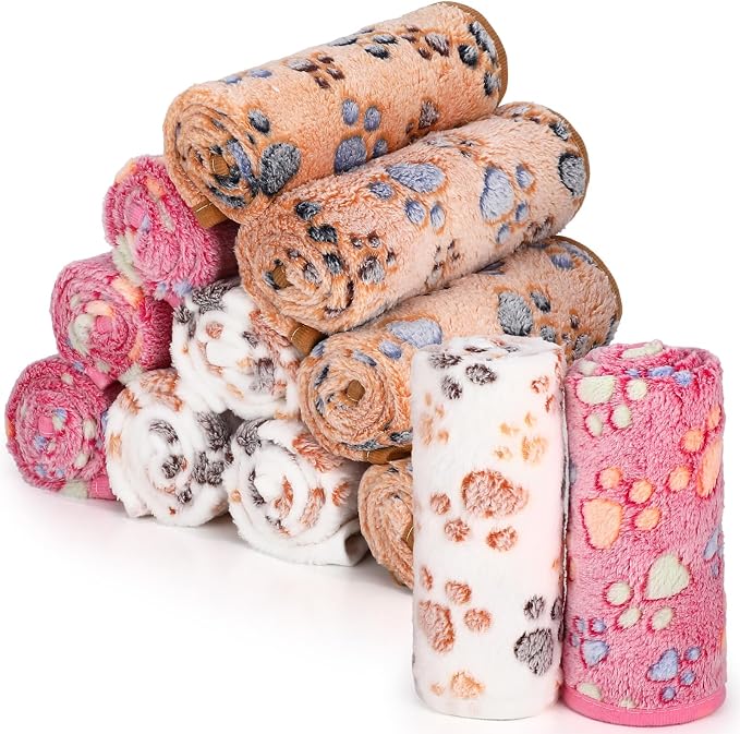 Tegeme 12 Pcs Pet Blankets Soft Fluffy Fleece Dog Cat Warm Paw Print Pattern by Tegeme