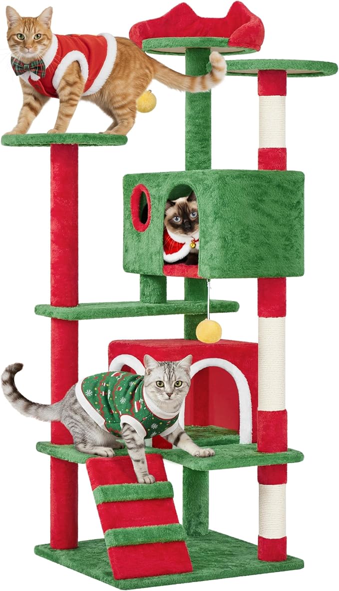Yaheetech 54in Christmas Cat Tree, 2 Cozy Caves, Scratching Posts, Climbing by Yaheetech