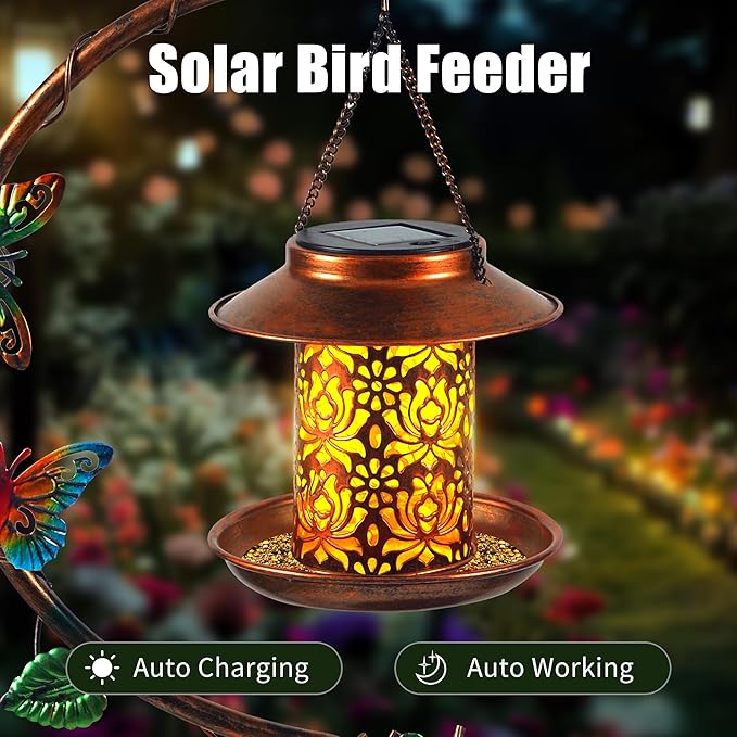 Metal Birdbath with Flower Planter Pedestal and Solar Bird Feeders Combo - Image 5