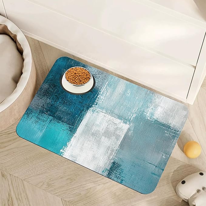 Turquoise Grey Dog Cat Food Mat, Teal Modern Art Absorbent Pet Feeding Mat by Unknown