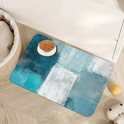 Turquoise Grey Dog Cat Food Mat, Teal Modern Art Absorbent Pet Feeding Mat by Unknown