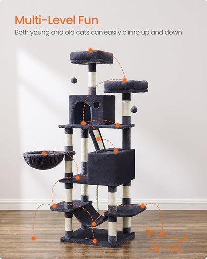 Feandrea Cat Tree, 66.1-Inch Large Cat Tower, 2 Perches, 2 Caves, Smoky Gray - Image 3