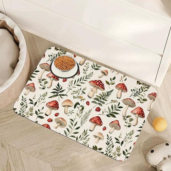 Red Mushroom Pet Feeding Mat, Fern Herb Berries Absorbent Quick-Dry Cat Dog by Unknown