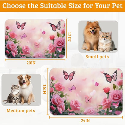 Rose Pink Dog Cat Food Mat, Butterfly Absorbent Waterproof Placemat - Image 6