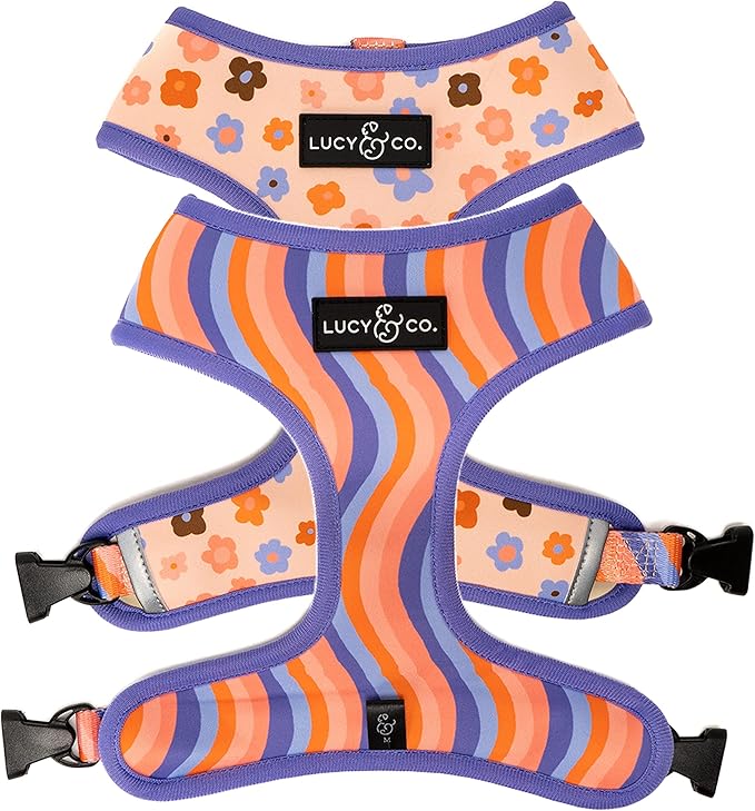 Lucy & Co. Purple with Coral Floral Wave, Cute Reversible Dog Harness Walking by LucyCo