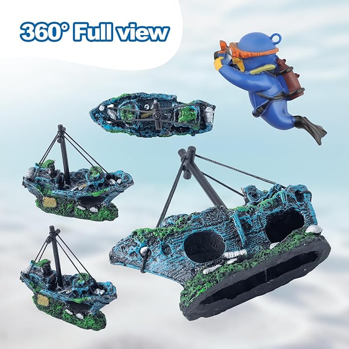 6 Pcs Aquarium Decor Set Shipwreck Decoration Little Diver Floating Fish Tank - Image 4
