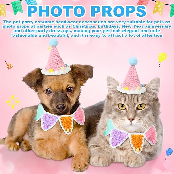 Sanwuta 2 Pcs Cat Birthday Party Supplies, Knit Cat Hat Kitten Birthday Bib - Image 4