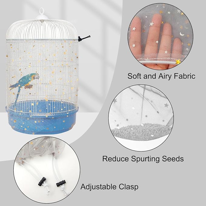 Bird Cage Seed Catcher, 45-90'' Adjustable Cover, Universal Nylon Mesh Net - Image 3