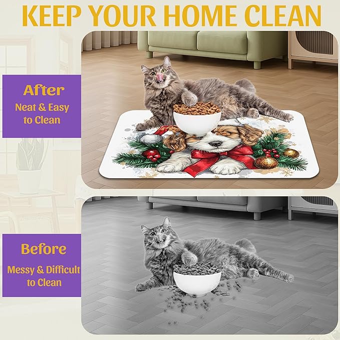Christmas Dog and Cat Food Mat, Absorbent Feeding Placemat, Waterproof Non-Slip - Image 4