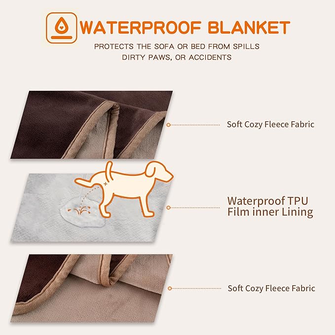 Waterproof Dog Blankets Brown Pet Blanket 60"x80", Soft Fluffy Sofa Car Bed - Image 4
