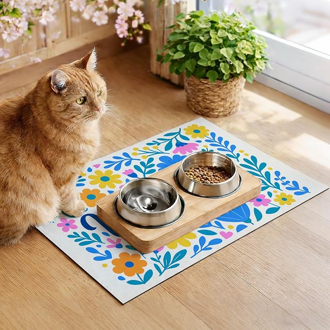 Spring Pet Feeding Mat 24" x 16" Colorful Welcome Floral Design Non Slip Dog - Image 4