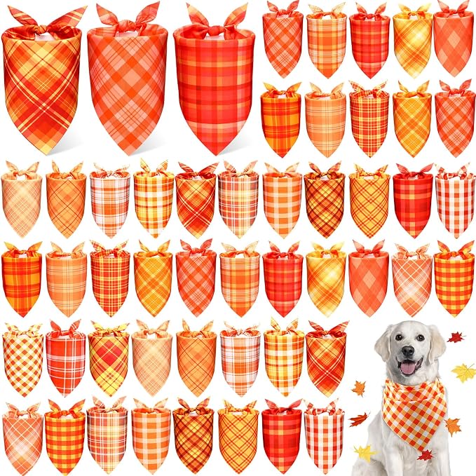 Abbylike 50 Pcs Orange Plaid Dog Bandanas Bulk Check Pattern Bandanas by Abbylike