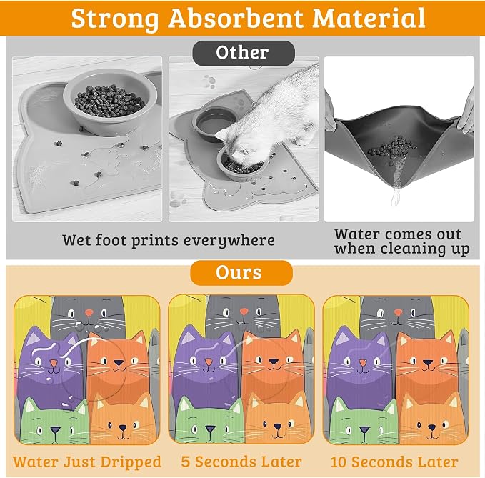 Cute Colorful Cats Dog Food Mat, Absorbent Pet Feeding Mat - Image 3