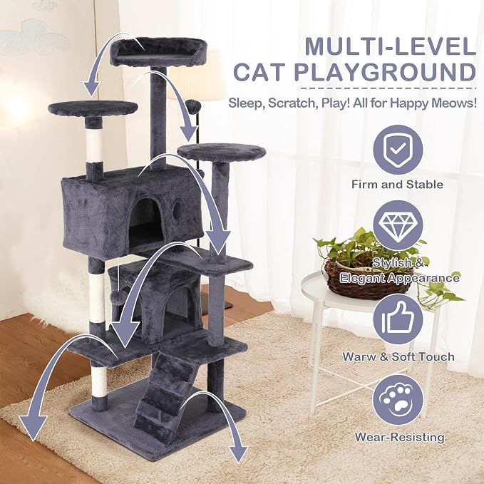 Heavy Duty Cat Tree Tower, Cat Condo, Hanging Ball, Light Grey - Image 3