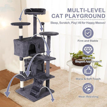 Heavy Duty Cat Tree Tower, Cat Condo, Hanging Ball, Light Grey - Image 3