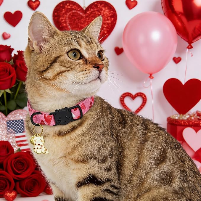 Valentine Cat Collar-2 Pack Collars Red and Pink Love-Heart Print Breakaway - Image 4
