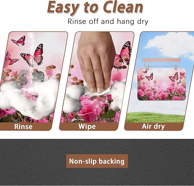 Rose Pink Dog Cat Food Mat, Butterfly Absorbent Pet Feeding Mat - Image 4