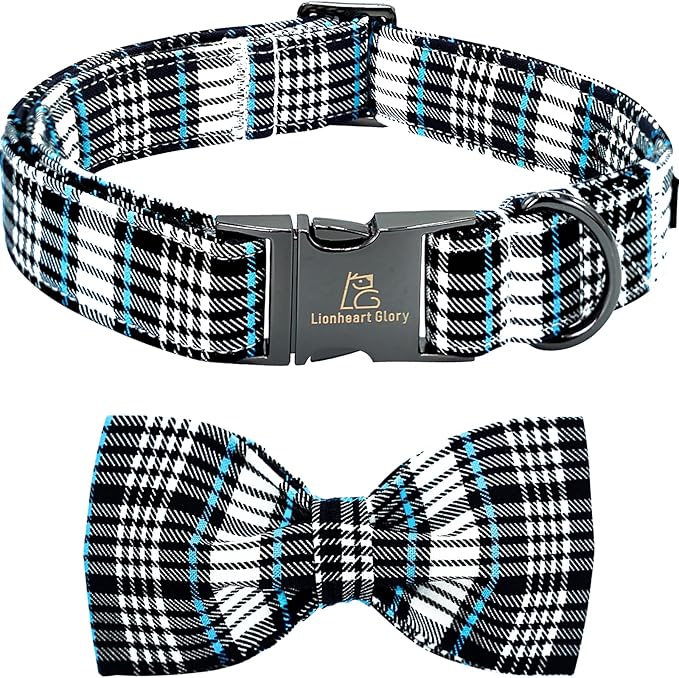 Lionheart glory Dog Bow Collar Blue and Black Plaid Dog Collar by LionheartGlory