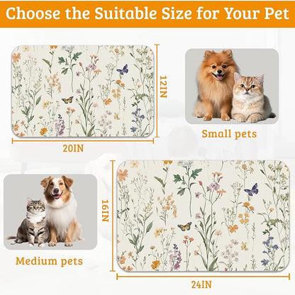 Wildflowers Butterfly Dog Cat Food Mat, Plants Absorbent Waterproof Placemat - Image 6