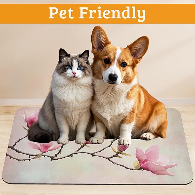 Pink Magnolia Feeding Mat, Vintage Flowers Absorbent Quick-Dry Cat Dog Food and - Image 2