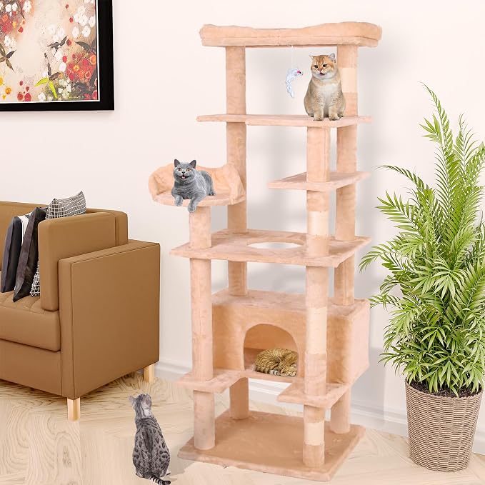 71'' Velvet Cat Climbing Frame, Large Top Padded Perch and Playhouse, by anwickjeff