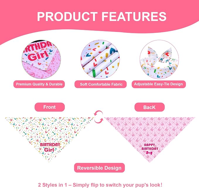 Dog Birthday Bandana Girl for Medium Large Dogs, Reversible 2 Patterns in 1 - Image 3