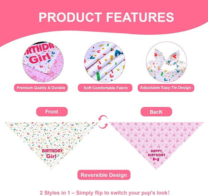 Dog Birthday Bandana Girl for Medium Large Dogs, Reversible 2 Patterns in 1 - Image 3