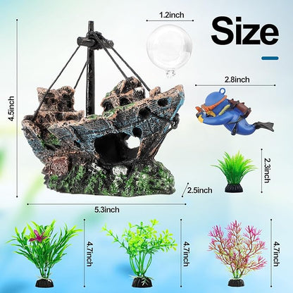 6 Pcs Aquarium Decor Set Shipwreck Decoration Little Diver Floating Fish Tank - Image 3