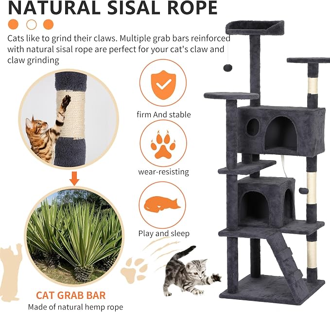 BestPet | 62" Cat Tree Tower | Dark Gray | Sturdy, Hanging Cat Toys, - Image 4