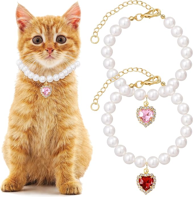 2pcs Cat Pearl Collar with Heart Pendant, Cute Pearl Pet Necklace in Small by Unknown