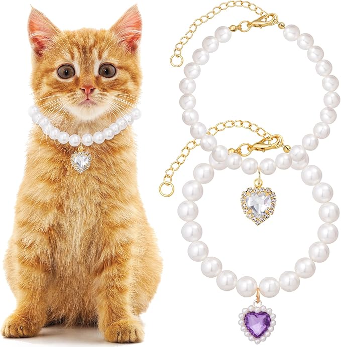 2pcs Cat Pearl Collar with Heart Pendant, Cute Pearl Pet Necklace in Small by Unknown