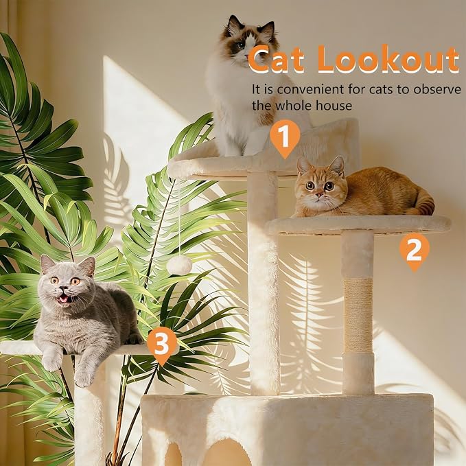 BestPet | 81" Cat Tree Tower | Cream | Sturdy, Hanging Cat Toys, Observation - Image 4