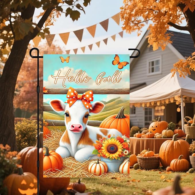 Hello Fall Garden Flag Cute Calf Cow Flag 12x18 Inch Polka Dot Bow Hay Pumpkins - Image 6