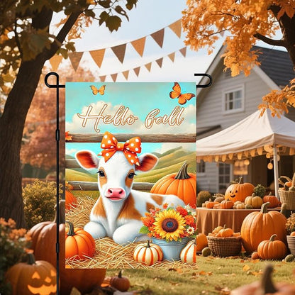 Hello Fall Garden Flag Cute Calf Cow Flag 12x18 Inch Polka Dot Bow Hay Pumpkins - Image 6
