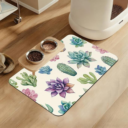 Cactus Flower Pet Feeding Mat for Floors–Christmas Stocking Absorbent Quick Dry by LUTASER