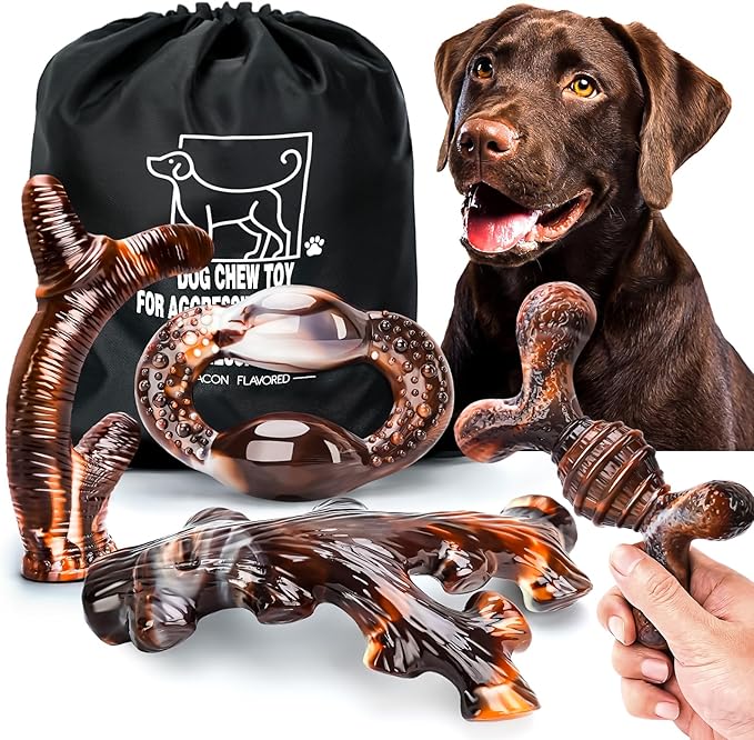 Dog Chew Toys for Aggressive Chewers 4 Pack, Indestructible Dog Toys, Bacon by OSORD