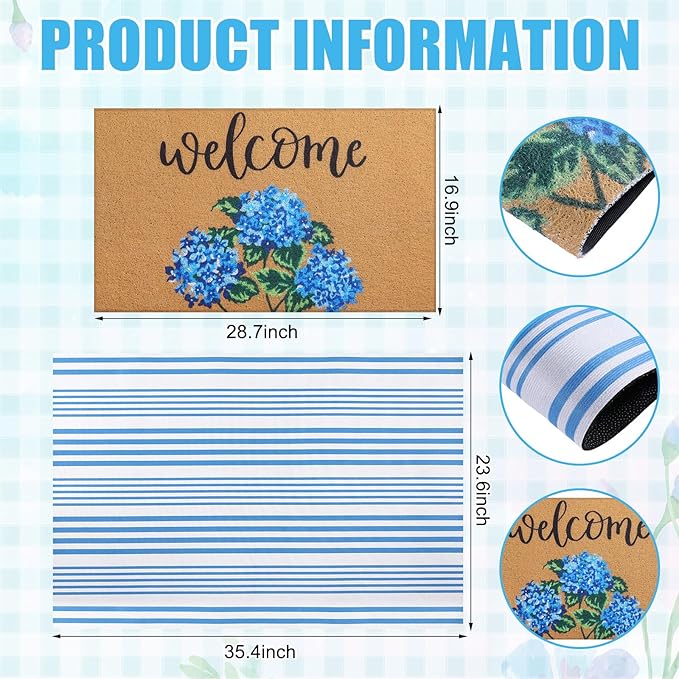 Tinideya 2 Pcs Hydrangea Door Mat Blue and White Stripe Welcome Non Slip Flower - Image 2
