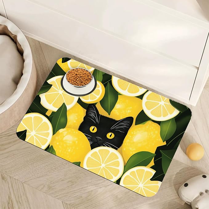 Black Cat Funny Dog Food Mat for Floors, Lemon Absorbent Pet Food and Water by Unknown